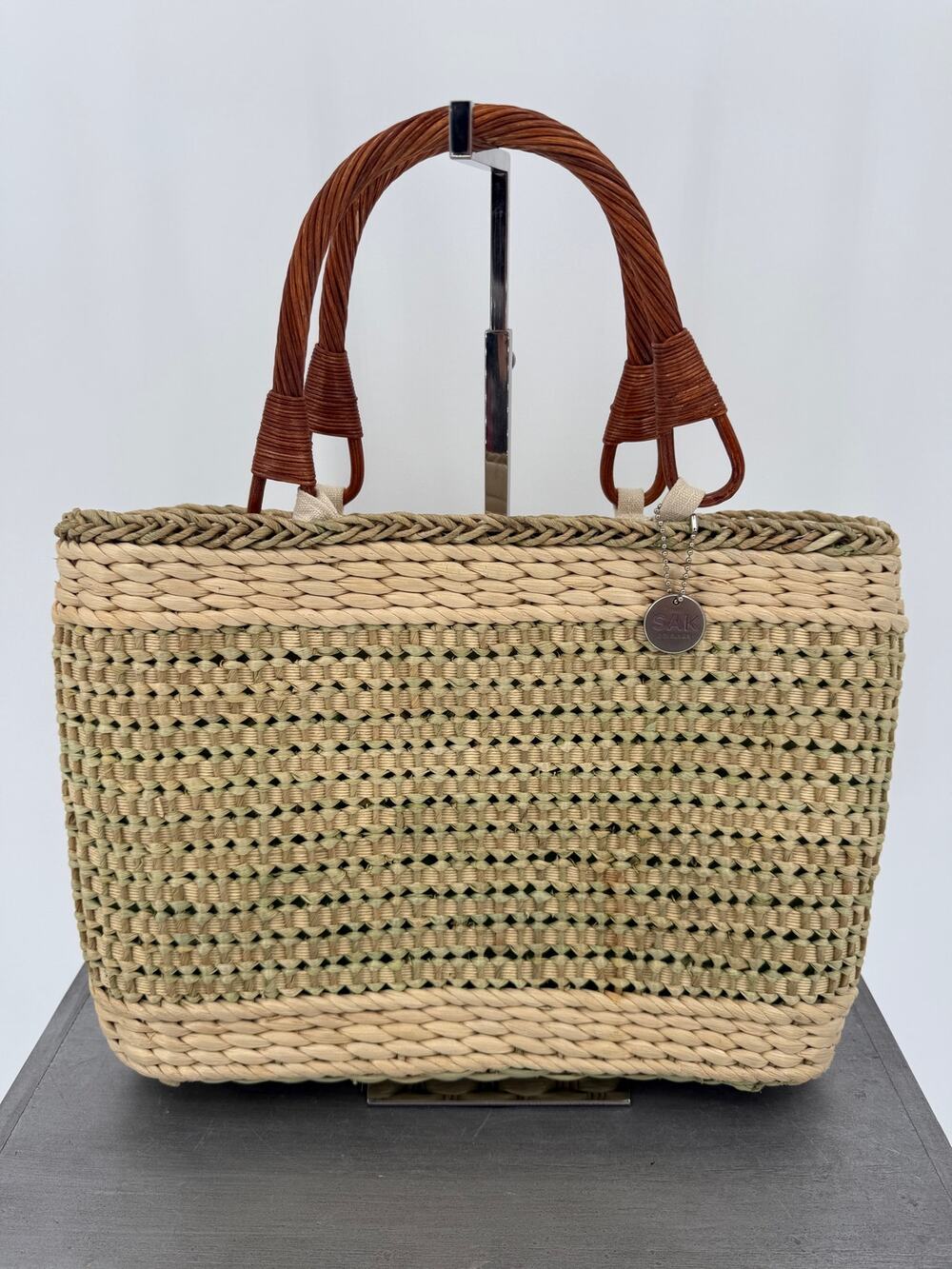 The Sak Original Woven Straw Tote Bag Natural Sage Green Wooden Handles Large